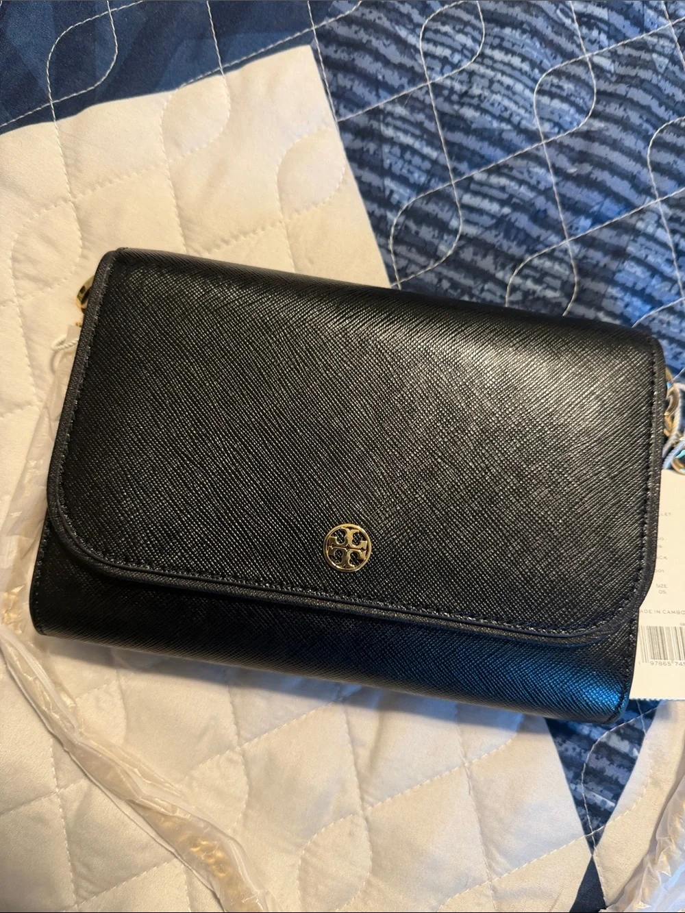 Tory Burch Black Leather Crossbody with Gold Logo